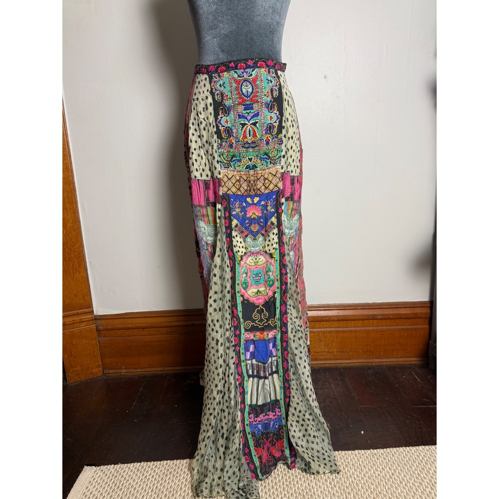 Camilla Silk Embellished Patchwork Maxi Skirt XS Bohemian boho indie ren faire - Picture 2 of 11